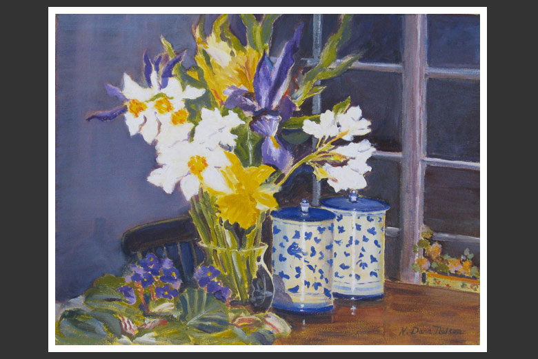 Flowers and Deruta Pottery - Painting of Maine by K Dana Nelson